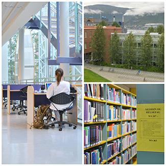 Kollage av Natur- og helsefagbiblioteket viser faseade og innsiden.