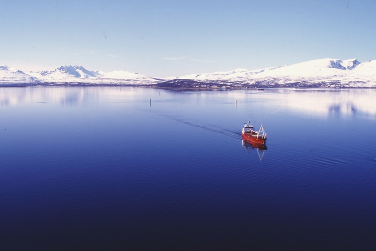 A boat on the ocean, in the background there are some snowcovered mountains.