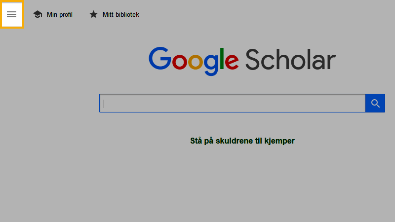 Skjermbilde veiledning Google Scholar med menyen fremhevet.