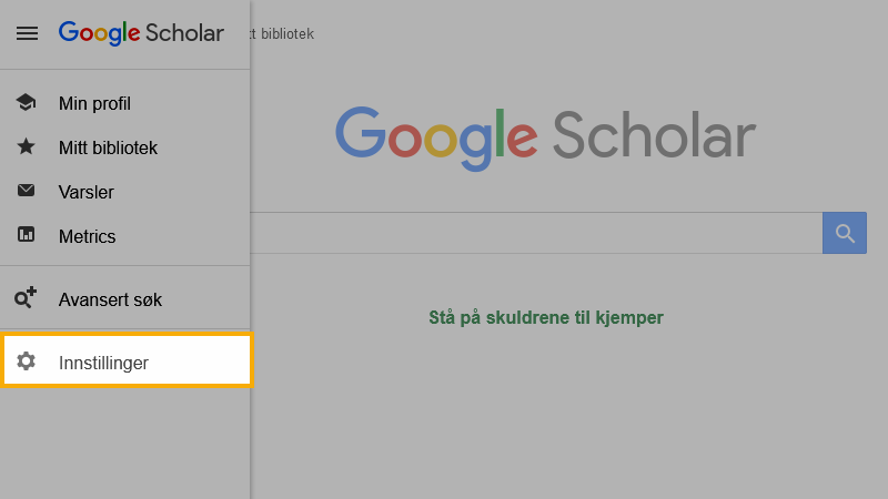 Skjermbilde veiledning Google Scholar med innstillinger valget i menyen fremhevet.