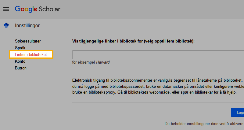 Skjermbilde veiledning Google Scholar med Linker i biblioteket valget i innstillinger menyen fremhevet.