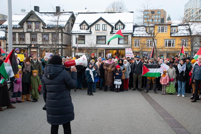Ei dame står med ryggen til med ein megafon. Ei stor, fleirkulturell menneskemende høyrer på og held palestinska flagg og plakatar.