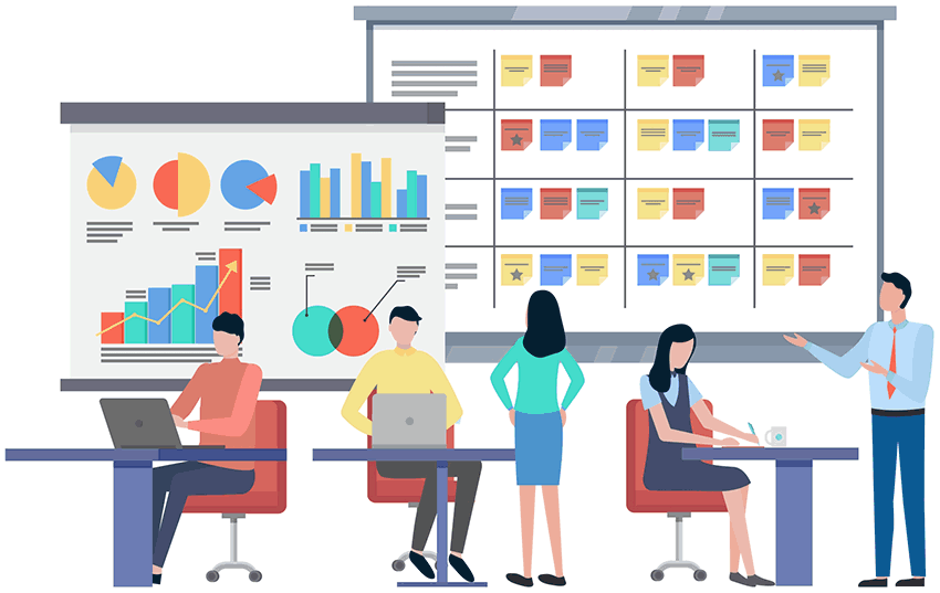5 people working with data graphs and notes in backgrount