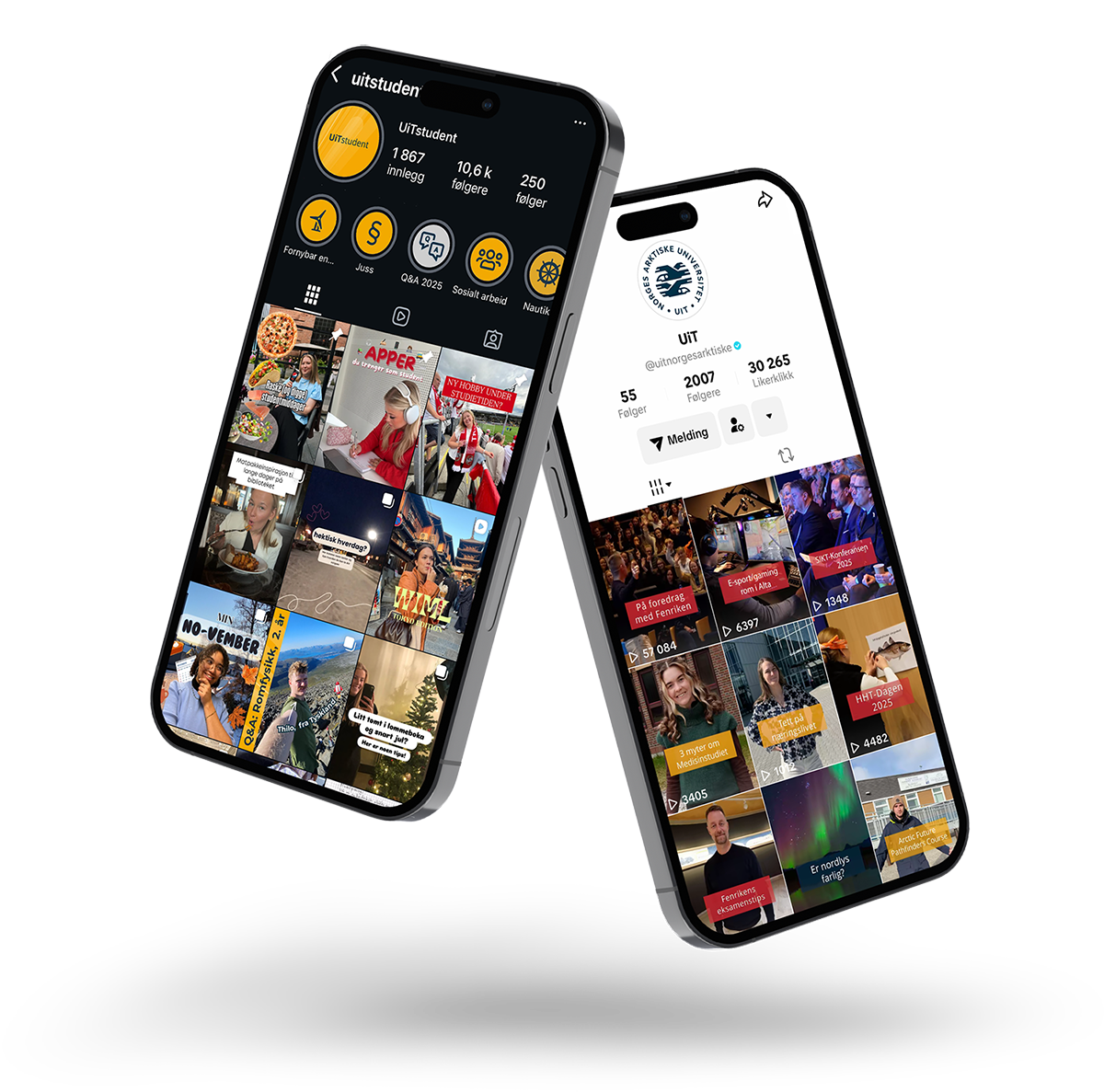 Illustrasjon som viser UiTs sosiale medier p&aring; en mobiltelefon