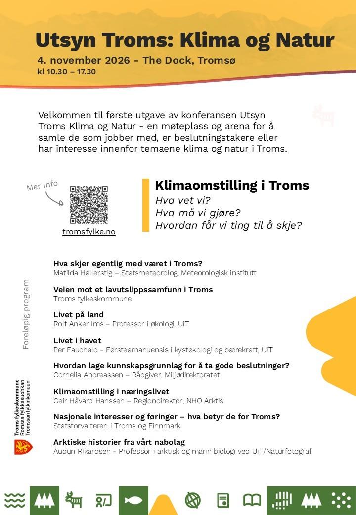 Illustrasjons-/bannerbilde for P&aring;melding senest 14. Oktober: Utsyn Troms Klima og Natur: Fylkeskommunens konferanse om klimaomstilling